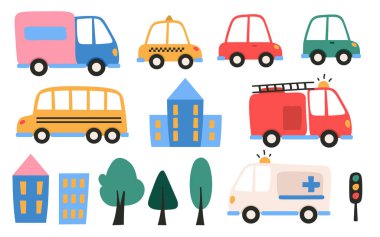 Araba, itfaiye, ambulans, taksi, toplu taşıma, şehir parkı ve sokak bitkileri, ev inşaatı sevimli çocuksu tasarım. Doodle aracı, şehir manzarası elementleri vektör illüstrasyonu