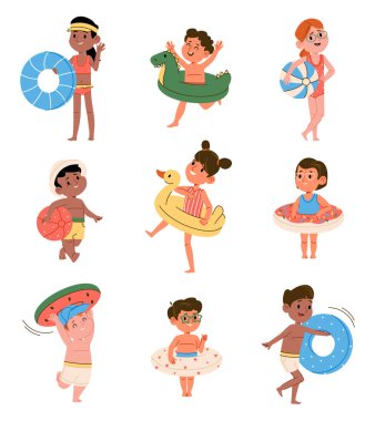 Yüzme havuzunda şişirilebilir lastik halkalar ve izole yaz eğlencesinin tadını çıkaran neşeli çocuk çizgi film karakterleri. Çeşitli çocuklar aktif su canlandırma vektör çizimi