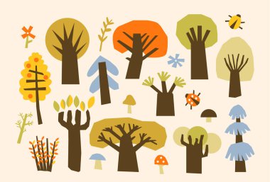 Sonbahar orman sahnesi kağıt kesimi sanat kolajı illüstrasyonu. Sonbahar ormanlık doğa geometrik şekiller duvar kağıdı tasarımı. Mevsimlik bitki örtüsü origami elementleriyle çevre manzarası