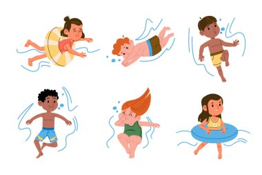 Küçük çocuk çizgi film karakterleri suyun altında yüzüyor, dalgaların üzerinde yüzüyor yaz havuzu eğlencesinin ve beyaz arka planda izole edilmiş spor aktivitelerinin tadını çıkarıyorlar. Şirin çocuk yüzücüler vektör çizimi