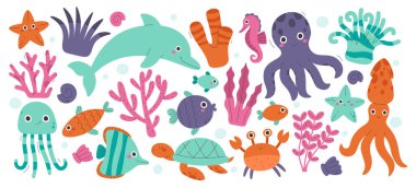 Neşeli deniz altı yaratıkları çizgi film karakterleri, renkli mercanlar ve deniz yosunları deniz bitkileri ve fauna seti. Su hayvanları ve deniz bitkileri sevimli çocuksu tasarım vektörü çizimi