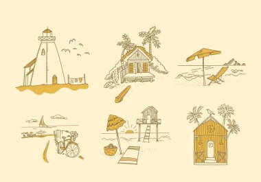 Plaj elementleri ve egzotik bitki örtüsü olan tropik ada sahneleri izole edilmiş çizimler çiziyor. Kırsal kulübe, deniz kenarı dinlenme alanı, deniz feneri, otel binası tasarım vektör çizimi.