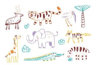El çizimi çocuksu orman hayvanları yarım yamalak koleksiyon ve egzotik bitki örtüsü çevre vektör illüstrasyonu. Afrika safarisi ya da yağmur ormanı karalama habitatı çeşitli yaratıcı çocuksu çizimler
