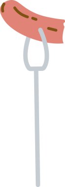 Çizgi film tarzında çatala saplanmış tek bir sosis. Çatal sosisi dikey olarak ızgara izleriyle birlikte tutuyor. Çizgi film vektör illüstrasyonu.