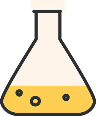 Sıvı ve kabarcıklarla dolu cesur bir taslak şeklinde bir laboratuvar şişesi. Şişede düz grafik bir şekilde resmedilmiş kabarcıklı bir madde var. Çizgi film vektör illüstrasyonu.