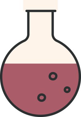 Sıvı ve kabarcıklarla dolu yuvarlak bir şişe. Konteynırda cesur bir taslak içeren bilimsel bir tema sergileniyor. Çizgi film vektör illüstrasyonu.