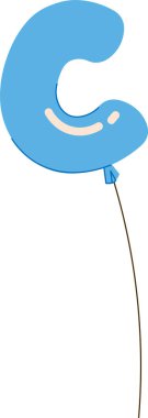 C harfi şeklinde bir balon. Çizgi film tarzında bir ip. Mektup şişmiş görünüyor ve ince bir iple yüzüyor. Çizgi film vektör illüstrasyonu.