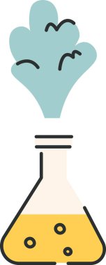 Kabaran sıvı ve buharlı bir laboratuvar şişesi. Temiz, hatları çizilmiş bir şekilde. Matara, neşeli, karikatürsel bir bakışla bir buhar bulutu yayıyor. Çizgi film vektör illüstrasyonu.