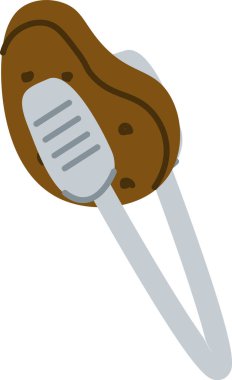 Çizgi film tarzında metal maşayla tutulan bir patates. Maşa, patatesi sıkıca kavrıyor, mutfak aletlerini sergiliyor. Çizgi film vektör illüstrasyonu.