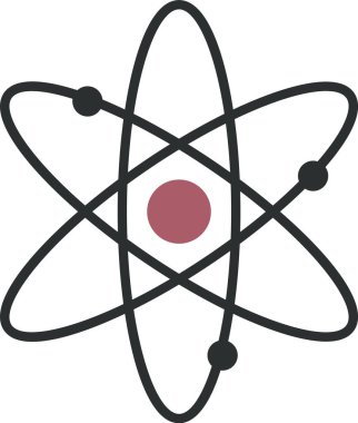 Yörüngedeki elektronları ve merkezi çekirdeği temiz bir çizgi şeklinde olan bir atom. Çekirdek elektron yörüngelerini gösteren eliptik yollarla çevrilidir. Çizgi film vektör illüstrasyonu.