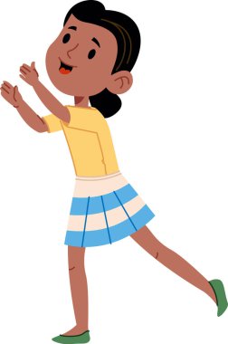 Çizgi film tarzında neşeli bir ifadeyle etekli genç bir kız alkışlıyor. Mutlu ve hareketli görünüyor. Elleri havada ve yüzünde bir gülümsemeyle. Çizgi film vektör illüstrasyonu.