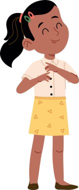 Çizgi film tarzında çizilmiş ellerini sıkarken at kuyruklu genç bir kız gülümsüyor. Çocuk desenli bir etek ve düğmeli bir gömlek giyiyor, neşe saçıyor. Çizgi film vektör illüstrasyonu.