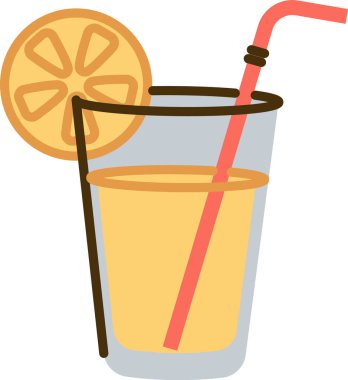 Limon dilimli bir bardak meyve suyu ve düz bir pipet. İçecek, cesur dış hatlar ve basit şekillerle tasvir edilir. Çizgi film vektör illüstrasyonu.