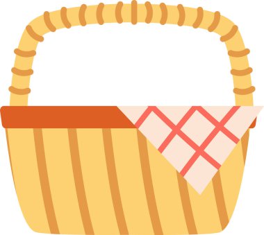 Hasır piknik sepeti. Düz bir şekilde kenarına kareli kumaş örtülmüş. Sepette sağlam bir kulp ve basit geometrik desenler var. Çizgi film vektör illüstrasyonu.