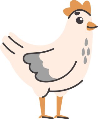 Bir tavuk, sessiz tonlar ve birkaç detayla basit bir çizim tarzıyla tasvir edilir. Bu kümes hayvanı büyüleyici bir görüntüyle dimdik ayakta duruyor. Çizgi film vektör illüstrasyonu