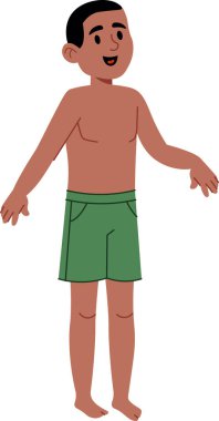 Kısa saçlı neşeli bir çocuk düz bir şekilde çizilmiş yeşil yüzme şortuyla ayakta duruyor. Çocuk yalınayak ve kolları açık mutlu görünüyor. Çizgi film vektör illüstrasyonu.