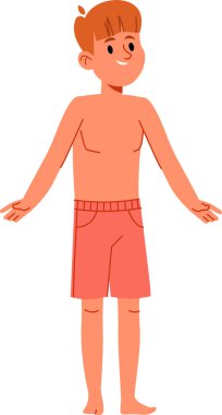 Genç bir çocuk kolları açık, mayo giymiş çizgi film tarzında duruyor. Çocuğun neşeli bir ifadesi ve neşeli bir şekilde tasvir edilmiş kısa saçı var. Çizgi film vektör illüstrasyonu.