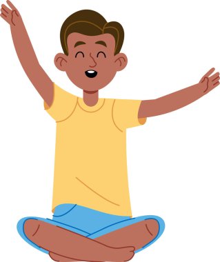 Kolları havada neşeli bir çocuk, neşeli bir çizgi film tarzında bacak bacak üstüne atmış oturuyor. Çocuk neşeli bir gülümseme ve hareketli bir pozla mutluluğu ifade ediyor. Çizgi film vektör illüstrasyonu.