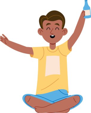 Neşeli çocuk kollarını kavuşturarak oturur, neşeli bir çizim tarzıyla gündelik giysiler giyer. Çocuk sevinçle bir şişe tutuyor, heyecanını ve mutluluğunu ifade ediyor. Çizgi film vektör illüstrasyonu.