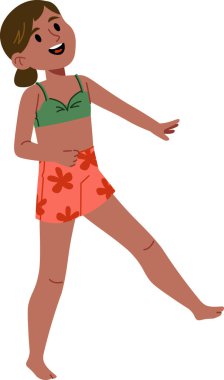 Neşeli bir yüzü olan bir kız. Yazlık bluz ve çiçekli şort giyiyor. Karakter canlı desenlerle düz bir şekilde tasvir edilir. Çizgi film vektör illüstrasyonu.