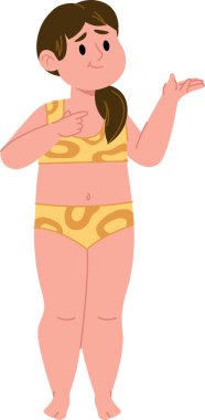 Bikini desenli mayo jestleri yapan ve kafası karışmış bir kadın. Kadın karakter belirsiz görünüyor, iki parçalı bir takım elbise giyiyor ve bir elini havaya kaldırıyor. Çizgi film vektör illüstrasyonu.