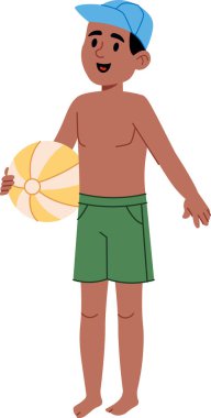 Çizgili bir plaj topu tutan ve şort ve şapka takan bir çocuk çizgi film tarzında tasvir ediliyor. Mutlu çocuk deniz kenarında yaz eğlencesinin tadını çıkarıyor. Çizgi film vektör illüstrasyonu