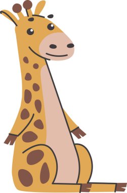 Oyuncu bir zürafa basit, çizilmiş kahverengi benekli bir şekilde tasvir edilir. Sevimli yaratık sakince oturur, tatlı bir ifade ve nazik yüz hatları sergiler. Çizgi film vektör illüstrasyonu