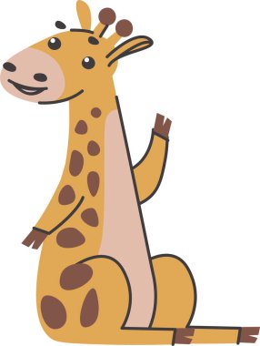 Dost canlısı bir zürafa basit şekil ve çizgilerle oyuncu bir el çizimi tarzıyla tasvir edilir. Cazibeli yaratık sakince oturur ve bir kolunu uzatarak hoş bir jest yapar. Çizgi film vektör illüstrasyonu