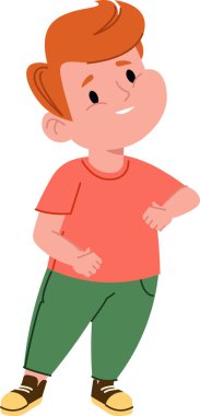 Neşeli bir şekilde çizilmiş, kızıl saçlı, gülümseyen bir çocuk. Genç karakter tişört ve pantolon giyer, mutluluk saçar. Çizgi film vektör illüstrasyonu.