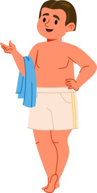 Yüzme şortuyla, omuzuna havluyla çizgi film tarzında sarılı duran bir adam. Rahat ve kaygısız bir hava yayarak gelişigüzel hareket ediyor. Çizgi film vektör illüstrasyonu.