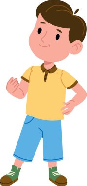 Gülümseyen bir çocuk, karikatür tarzında rahat kıyafetler giyer. Çocuk bir gömlek ve şort giyiyor, neşeli ve dostane bir tavır sergiliyor. Çizgi film vektör illüstrasyonu.