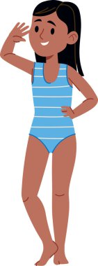 Gülümseyen bir kız çizgili bir mayo giyer, düz çizgi film tarzında çizilir. Karakter bir eli kalçasında, diğer eli de gözlerinde poz veriyor. Çizgi film vektör illüstrasyonu.