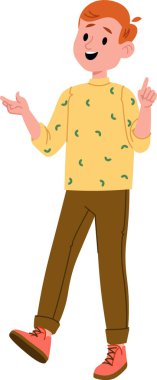Düzenli bir süveteri ve spor ayakkabısı olan, neşeli bir tarzda çizilmiş, günlük kıyafetli, gülümseyen genç bir adam. Karakter hareketli bir şekilde iki eliyle işaret ediyor. Çizgi film vektör illüstrasyonu.