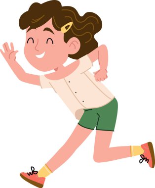 Kıvırcık saçlı neşeli bir kız neşeli bir pozla koşar, çizgi film tarzında tasvir edilir. Gülümseyen bir çocuk enerjik bir şekilde koşar, mutluluk ve hareket yayar. Çizgi film vektör illüstrasyonu.