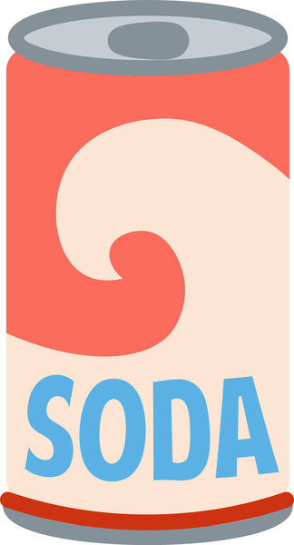 A soda can with a swirl pattern and bold lettering in a flat style. The can features a wavy motif and prominent text in a modern graphic approach. Cartoon vector illustration.