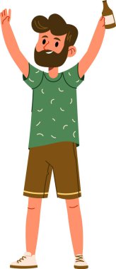 Sıradan giyinmiş sakallı bir adam elinde bir şişeyle kollarını kaldırır, oyuncu bir şekilde çizilir. Karakter şort ve desenli bir gömlek giyer, neşeyi ifade eder. Çizgi film vektör illüstrasyonu.