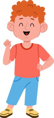 Kıvırcık saçlı, güler yüzlü bir çocuk rahat giysiler içinde duruyor. Çocuk hareketli bir ifadeyle mutluluk ve cazibe yayıyor. Çizgi film vektör illüstrasyonu.