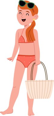 Plaj çantası tutan bikinili gülümseyen bir kız. Çizgi film tarzında çizilmiş. Karakter güneş gözlüğü takıyor ve uzun saçlı, neşeli bir yaz havası yayıyor. Çizgi film vektör illüstrasyonu.