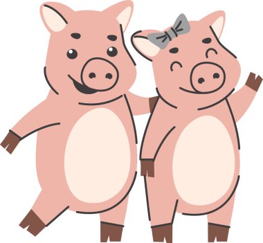 İki domuz basit özelliklere sahip büyüleyici, çizgi sanatı tarzında tasvir edilir. Bir çift domuz, sevimli bir pozda birlikte gösterilir. Çizgi film vektör illüstrasyonu