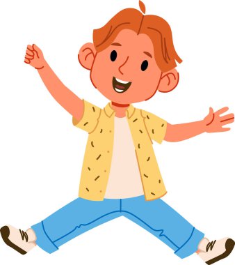 Gülümseyen neşeli bir çocuk enerjik bir şekilde oyuncu bir duruşta zıplar. Çocuk gündelik kıyafetler giyiyor ve mutluluğu kollarını açarak ifade ediyor. Çizgi film vektör illüstrasyonu.