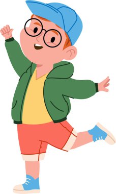 Gözlüklü, şapkalı, yeşil ceketli ve şortlu neşeli bir çocuk. Çocuk sevinçle tek bacağını kaldırır, mutluluk ve enerji saçar. Çizgi film vektör illüstrasyonu.