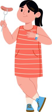 Çizgili elbiseli genç bir kız, elinde bir çubukta sosis tutuyor. Çizgi film tarzında çizilmiş. At kuyruğu ve saati olan bir çocuk elinde şiş ile öylesine duruyor. Çizgi film vektör illüstrasyonu.