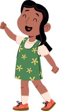 Çiçek desenli bir elbisesi ve neşeli bir duruşu olan neşeli bir çocuk. Kız geniş bir şekilde gülümsüyor ve baş parmak işareti yapıyor. Çizgi film vektör illüstrasyonu.
