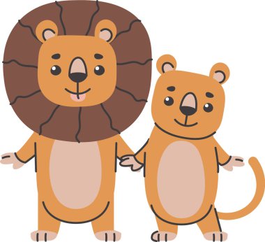 Bir çift aslan, yetişkin ve yavru, basit çizgiler ve şekillerle eğlenceli bir çizgi film tarzında tasvir edilir. Pençelerini tutan iki kedi, bu büyüleyici görüntüde şefkat gösteriyorlar. Çizgi film vektör illüstrasyonu