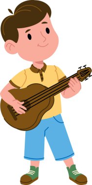 Genç bir çocuk neşeli bir ifadeyle neşeli bir çizgi film tarzında gitar tıngırdatıyor. Çocuk enstrümanı güvenli bir şekilde tutuyor, günlük kıyafetler giyiyor ve gülümsüyor. Çizgi film vektör illüstrasyonu.