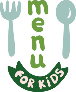 Çatal ve kaşıktan oluşan eğlenceli bir düzenleme. Çocuklar için kelime mönüsü yaratıcılıkla bütünleşmiştir. Çizgi film vektör illüstrasyonu.