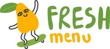 Koyu renkli kaykayların yanında neşeli bir meyva karakteri Taze Menü 'yü okuyor. Animasyon bir armut, anlamlı gözlerle canlı harflerin yanındaki tahtaya biner. Çizgi film vektör illüstrasyonu.