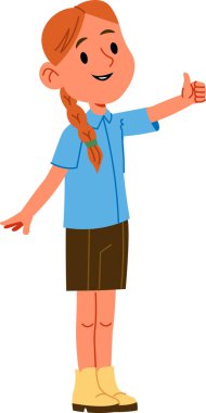 Örgülü neşeli bir kız çizgi film tarzında başparmak kaldırıyor. Gülümseyen çocuk günlük kıyafetler giyer ve olumlu jestler yapar. Çizgi film vektör illüstrasyonu.