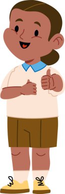 At kuyruklu neşeli bir çocuk neşeli bir çizgi film tarzında başparmak kaldırıyor. Çocuğun yakalı bir tişörtü ve şortu var. Olumlu ve neşe verici. Çizgi film vektör illüstrasyonu.