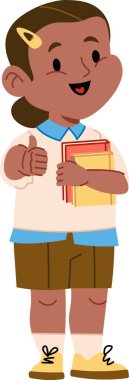 Neşeli bir çocuk kitap tutuyor ve neşeli bir çizgi film tarzında başparmak kaldırıyor. Genç öğrenci renkli ve dostane bir şekilde coşku ve pozitiflik gösteriyor. Çizgi film vektör illüstrasyonu.